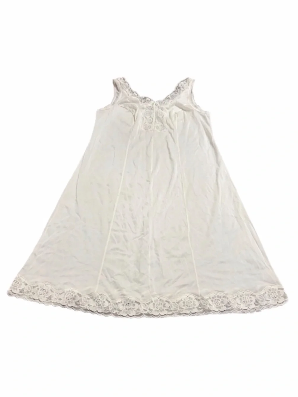60s/70s European Vintage Silky Floral Lace Trim Midi Slip Dress (Ivory) Size L